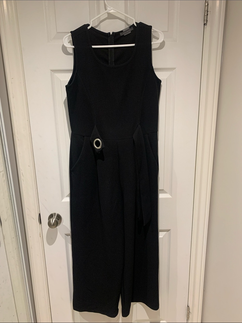 Black Sleeveless Wide Leg Jumpsuit with Decorative Ring Tie